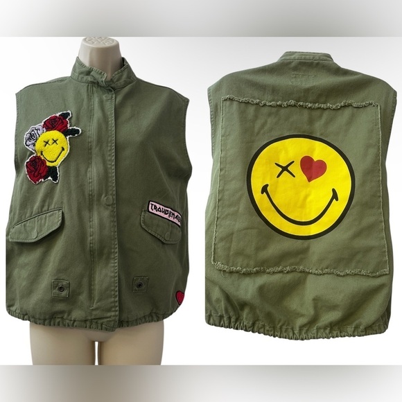 Zara Girls Green SmileyWorld Patch Vest, Size 10, Fun Graphic Outerwear - Picture 1 of 13
